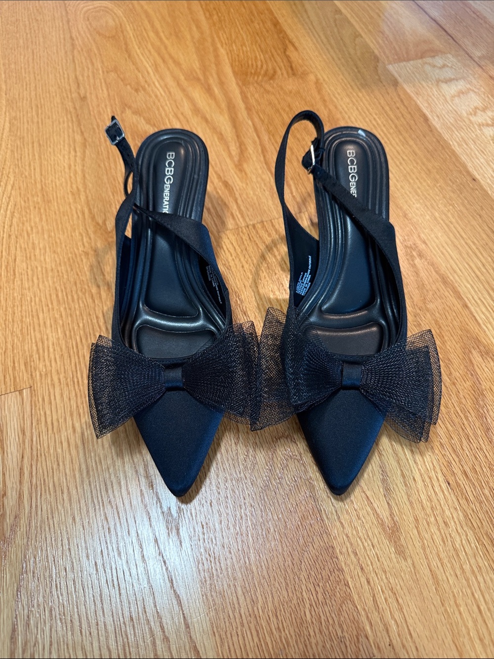 BCBGeneration Black Pointed Slingback Flats with Bow Accent